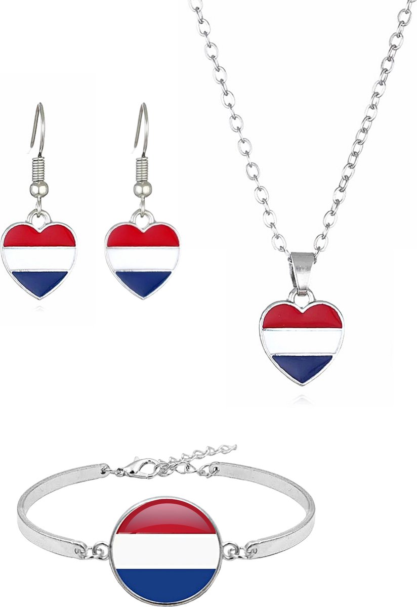 Luxe sieraden set Koningsdag | Armband - Ketting met Hangertje - Oorbellen | Vlag Nederland | Hartje Nederland | Verzilverd Sterling 925 | WK EK Oranje Koningsdag accessoires dames